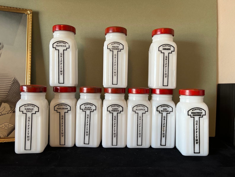 Vintage 1940s Griffith's Milk Glass Spice Jars With Red Lids Set of 10