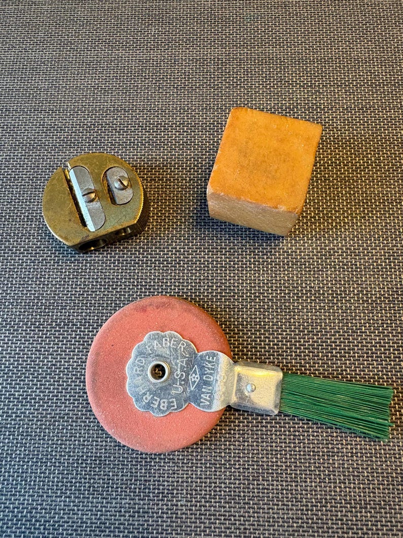 Antique A.W Faber Mentor Brass Pencil Sharpener, Faber Castell Artgum Eraser, Eberhard Faber Van Dyke image 3