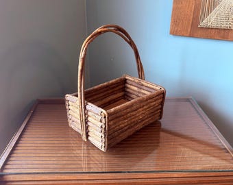 Antique Twig Basket Log Cabin Basket with Handle - Rustic Home Decor