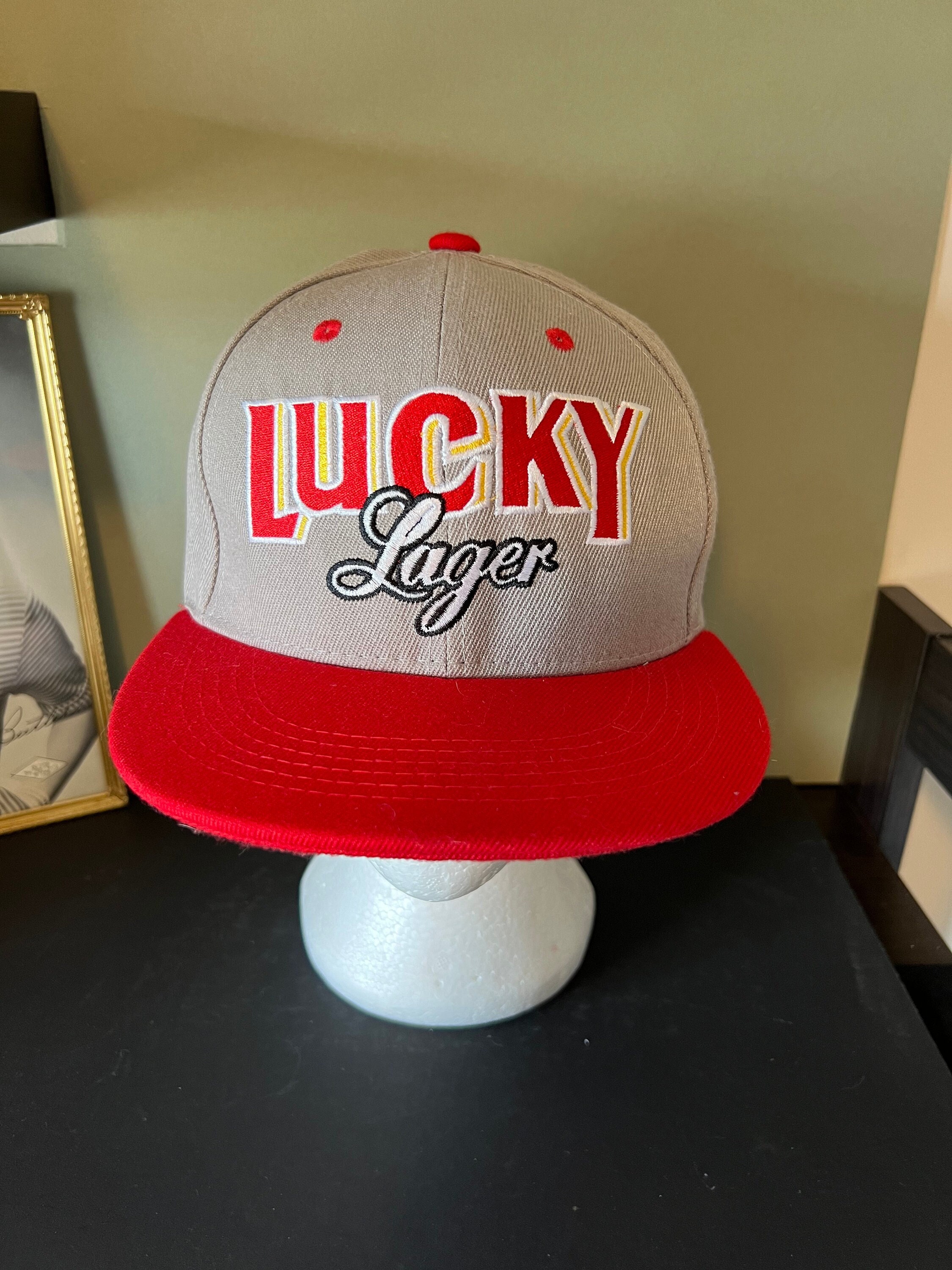 Vintage Lucky Lager Baseball Trucker Hat Gray and Red CLEAN