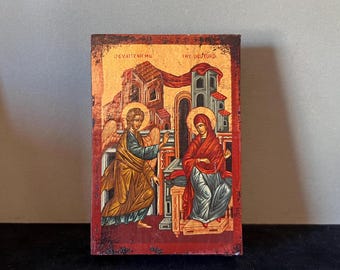Byzantine Annunciation Icon: Greek Orthodox Hand-Painted Wooden Plaque