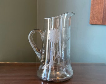 Vintage Etched Glass Pitcher with 12 Point Cornflowers Daisies - WJ Hughes