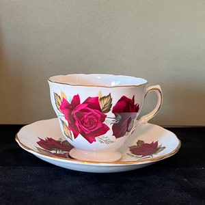 Vintage Royal Vale Tea Cup & Saucer - White with Deep Red Roses, Gold Trim, Teal Accents - Fine Bone China Teacups