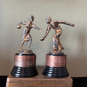 Vintage His & Her&#39;s Bowling Trophies - Bakelite Trophy - Retro 1950&#39;s Sports Den Man Cave Decor