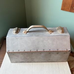 Vintage Metal Tool Box Bare Metal Unpainted Galvanized Split Top Tombstone Toolbox