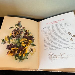May include: An open book with a poem about a tongue that can curse and a tongue that can cure. The book has a floral illustration of yellow and purple pansies on the left page.