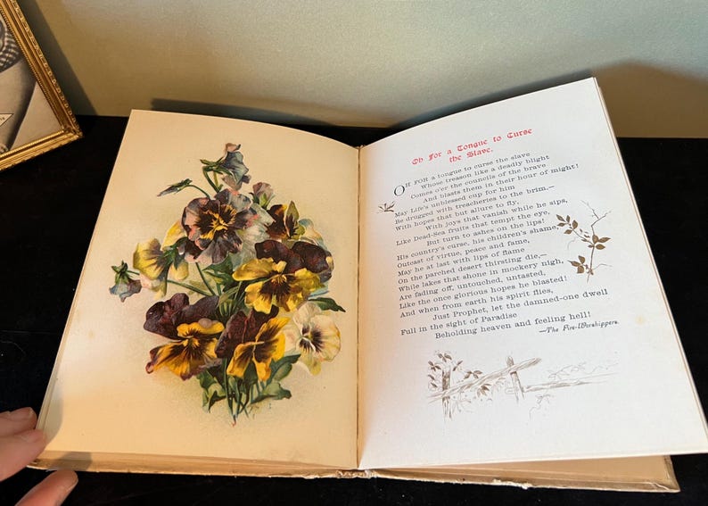 May include: An open book with a poem about a tongue that can curse and a tongue that can cure. The book has a floral illustration of yellow and purple pansies on the left page.