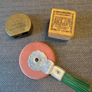 Antique A.W Faber Mentor Brass Pencil Sharpener, Faber Castell Artgum Eraser, Eberhard Faber Van Dyke image 2
