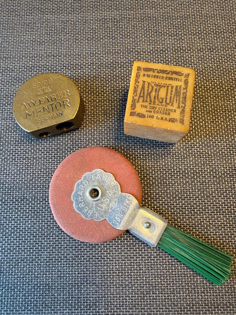 Antique A.W Faber Mentor Brass Pencil Sharpener, Faber Castell Artgum Eraser, Eberhard Faber Van Dyke image 2