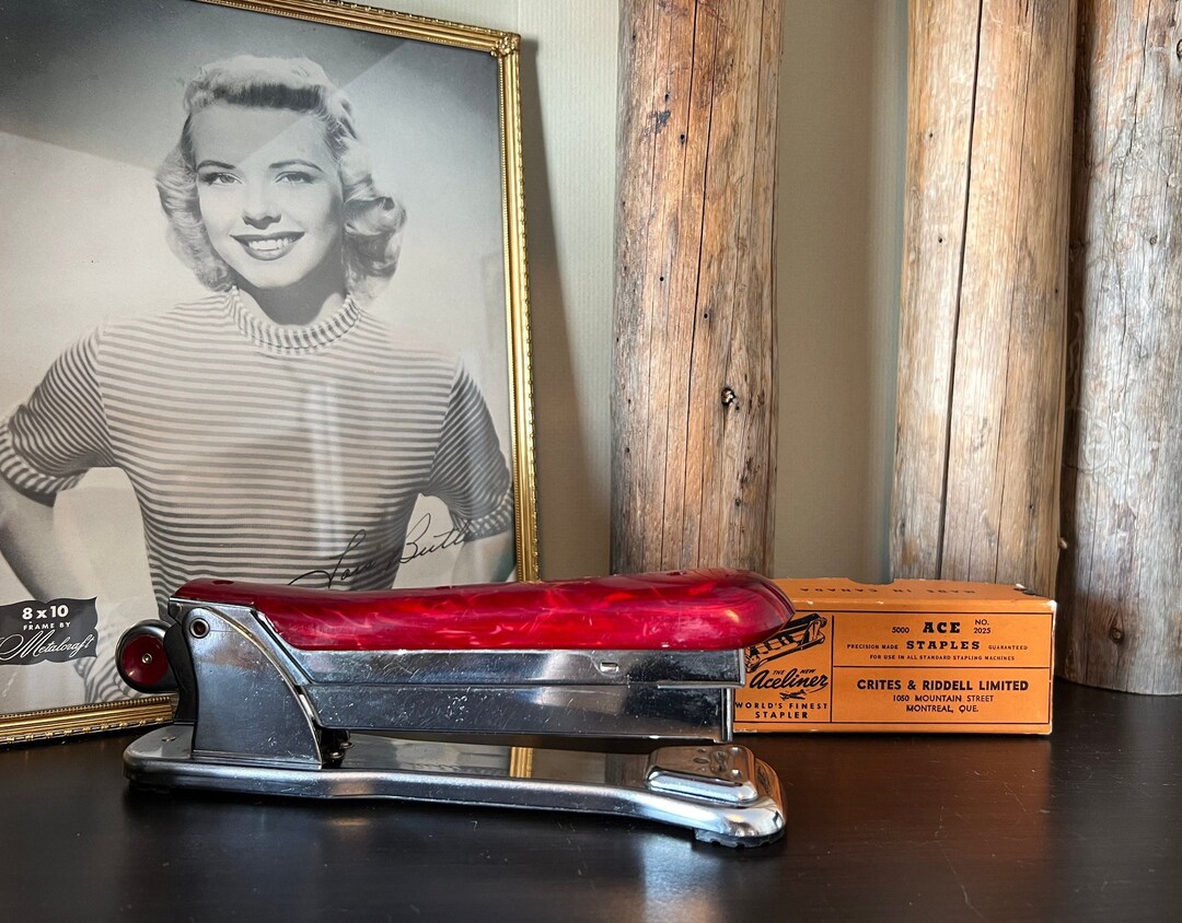 Vintage Chrome and Red Bakelite Aceliner Stapler 502 Art Deco Stapler