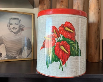 Vintage Decoware Metal Kitchen Canisters - Anthuriums Red Flowers - Retro Shabby Chic Decor