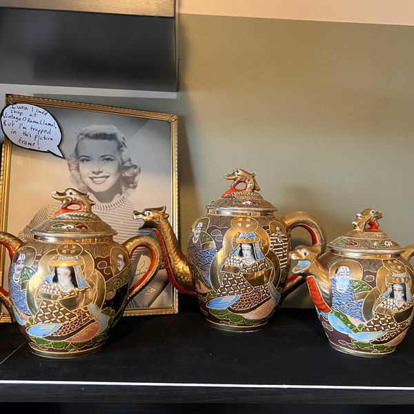 Vintage Satsuma Japanese Moriage Eggshell Porcelain Tea Set - Dragon Shaped Tea Pot - Goddess Kanna & the 4 Immortals