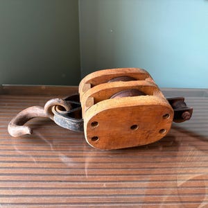 Vintage Double Wooden Block & Tackle Pulley with Iron Hook - Rustic Industrial Decor