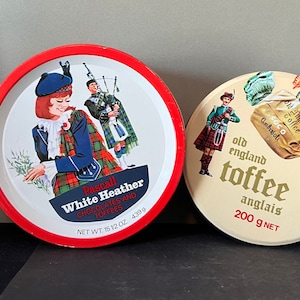 Vintage Pascall White Heather Toffee Tin - Old England Toffee Tin - Round Scottish Tartan Candy Tin