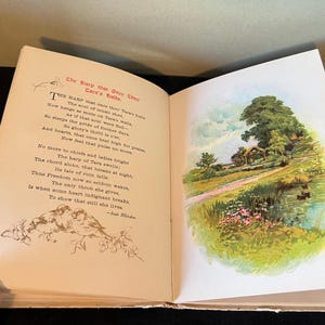May include: An open book with a poem about a harp and a landscape illustration of a cottage in a green field with a path leading to it. The poem reads "The harp that once through Tara's halls..."