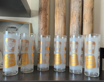 Vintage Frosted Cocktail Glasses - Tall with Liquor Brand Logos - Gold Myers Rum - Calvert Gin - Nikolai Vodka