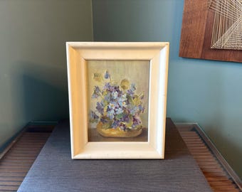 Vintage Cottage Core Original Oil Painting Still Life Blue and Purple Flowers with White Wooden Frame