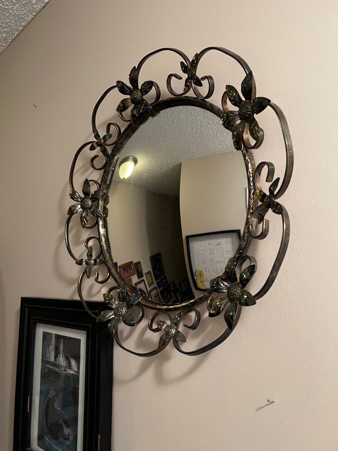 Vintage Round Convex Wall Mirror in Ornate Metal Silver & Gold Etsy