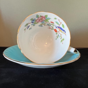 Vintage Aynsley Turquoise Teacup & Saucer: Fine Bone China Bird Floral, 1960s