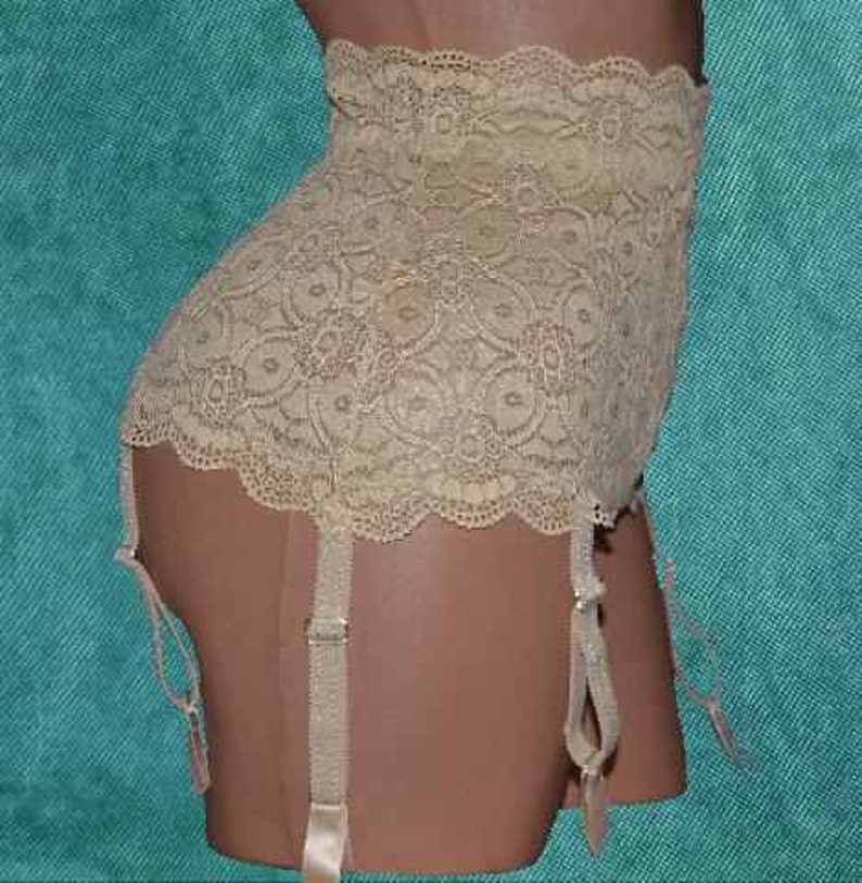 6 metal garters Garter belt Skin-colored elast original Dresden lace size 8-16