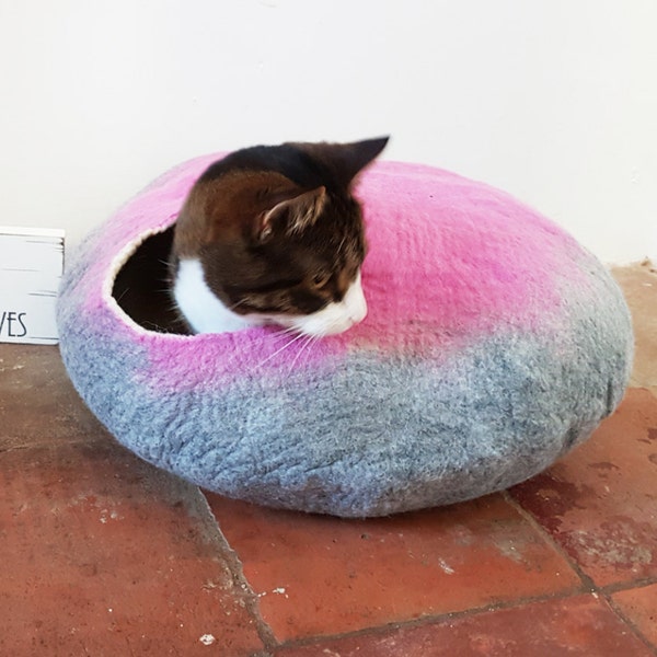 Cat Bed Cave House hand Felted Wool Grey and Pink with FREE Ball