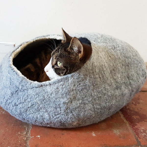 Cat Bed Cave House cat nap Cocoon in Natural Grey Felted Free Ball etsy UK