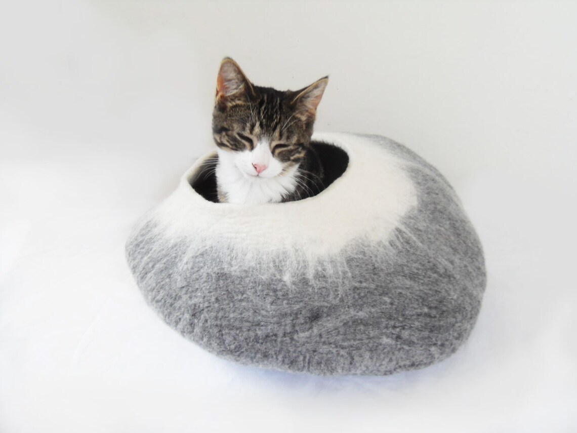 Cat Bed Cave Cocoon House Grey White With Free Cat Ball Etsy