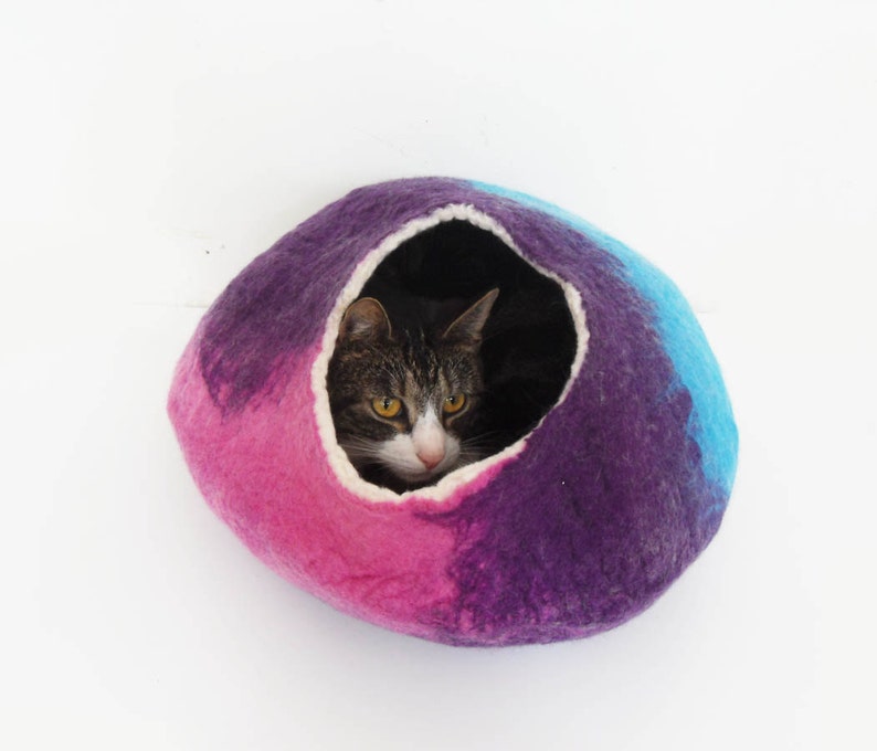 Cat Bed Cave House Cocoon Hand Felted Wool Purple Pink and Etsy