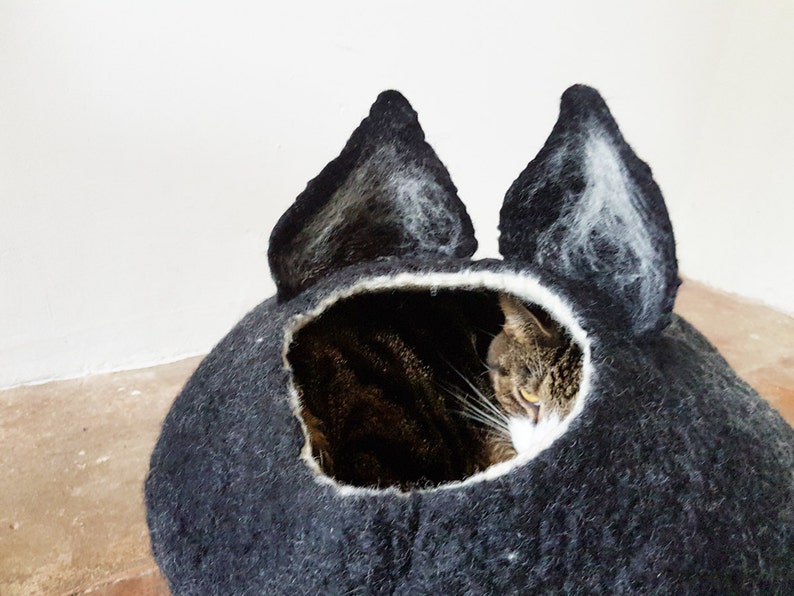 Black Cat Bed Cave House Felted Wool with ears ideal cat Etsy