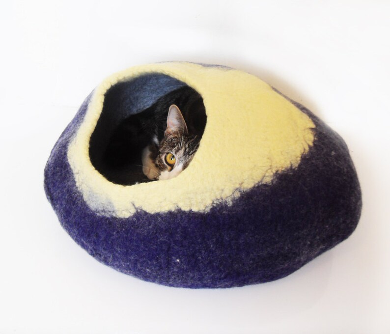 Felt Cat Cave Bed Cocoon House Blue and Yellow With Free Cat Etsy UK