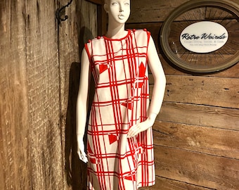 1960’s Retro Red & White  Geometrical Shift Dress