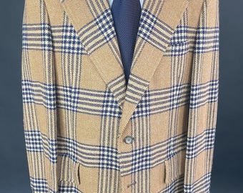 Vintage 70s Plaid Wool Sport Coat | Camel & Navy Blazer | Wide Lapel Retro Jacket | Mens 42L | Bold Check Tweed