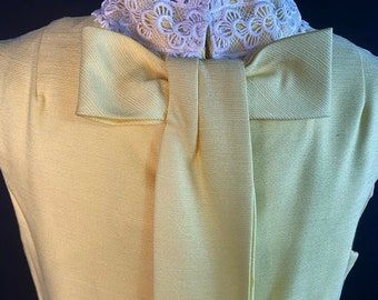 SALE! Vintage 60s Mod Lemon Yellow Linen Lace Bow Maxi Dress Talk of the Town Size M/L