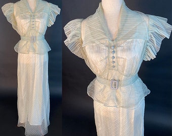 Vintage 1930s Pale Blue Silk Organza Flutter Sleeve Peplum Deco Gown Maxi Dress with Slip and Belt XS