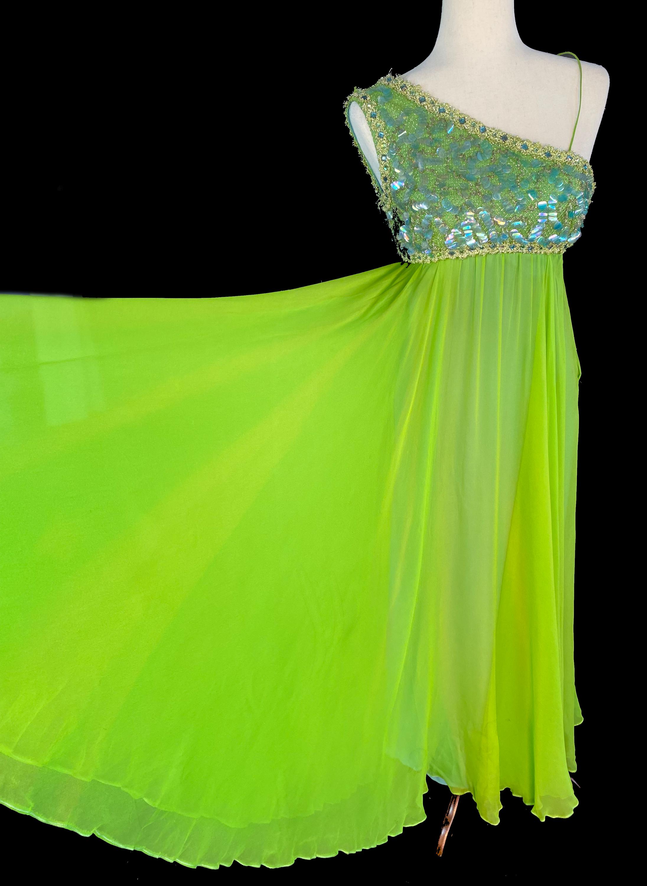 Vintage 1960s Mardi Gras New York Bright Green Chiffon and Sequin One-shoulder Long Cocktail Party Dress Evening Gown XS