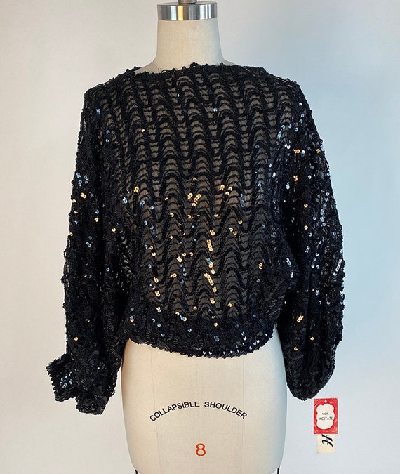 Fabulous Vintage 80s Batwing Black Sequin Disco T… - image 6