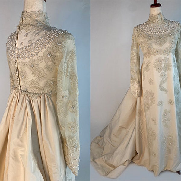 Vintage 1960s Priscilla of Boston Stunning Pearl Encrusted and Lace Empress Gown Wedding Dress Matte Satin Watteau Pleated Train Size S XS