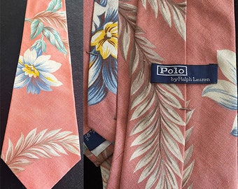 Perfect for Prom or Wedding! Vintage Polo by Ralph Lauren Salmon Pink Gardenia Floral Big Flower Cotton Wide Cotton Tie Men's Necktie