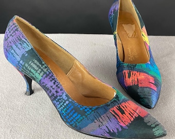 Vintage 1950s Troylings Pumps | Colorful Abstract Heels | Mid Century Textile Shoes | Size 6.5 B | Retro Statement Pumps