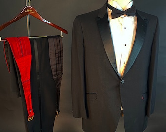 Vintage 1960s Rat Pack Classic Men&#39;s Wool Tuxedo Formal Wedding Suit Includes Two Red & Black Cummerbunds Slim Fit 40R