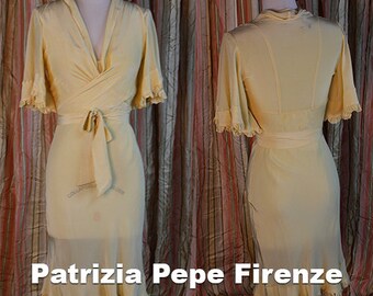 Vintage Patrizia Pepe Firenze Bias Cut Ruffled Yellow Silk Wrap Dress Flutter Sleeves Patricia Pepe Florence Medium Small