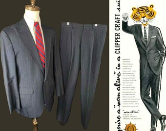 Vintage 1960s Clipper Craft Ivy League Suit Charcoal Gray Multi Stripe Pinstripe Sack Suit 40R