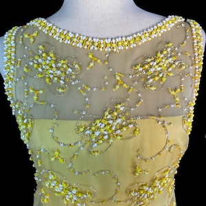 Vintage Malcolm Starr 60s Yellow Beaded Evening Prom Gown Dress S M