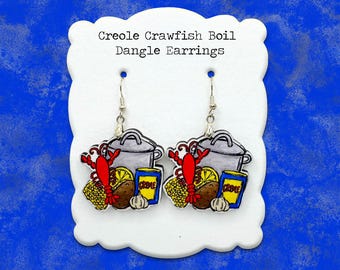 Creole Crawfish Boil Dangle Earrings, Southern Seafood Pot Jewelry