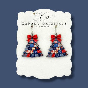 Patchwork Christmas Tree Wood Dangle Earrings Red Bow Jewelry