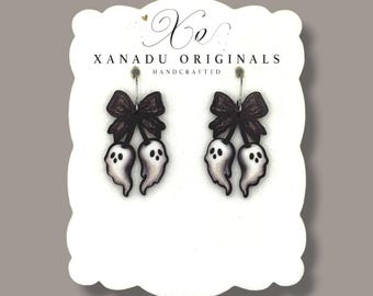Ghost Cherry Wood Earrings Black Bow Halloween Jewelry