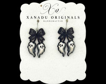 Ghost Cherry Wood Earrings Black Bow Halloween Jewelry