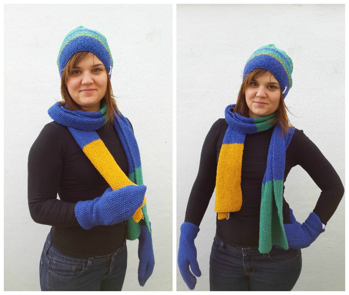 Wool color block knit set of hat scarf and mittens wool hat Etsy