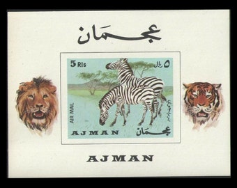 Zebra, Löwe, Tiger auf 1969 Ajman BriefmarkenBogen / Afrika Collage Material, Wilde Tiere Verändertes Buch, Junk Journal Verzierung, ACEO