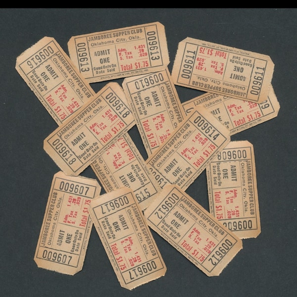 Vintage Admission Tickets / Jamboree Supper Club Oklahoma City / Perfect for Collage, ATCs, Scrapbooking, Mixed Media, Cardmaking, Journals
